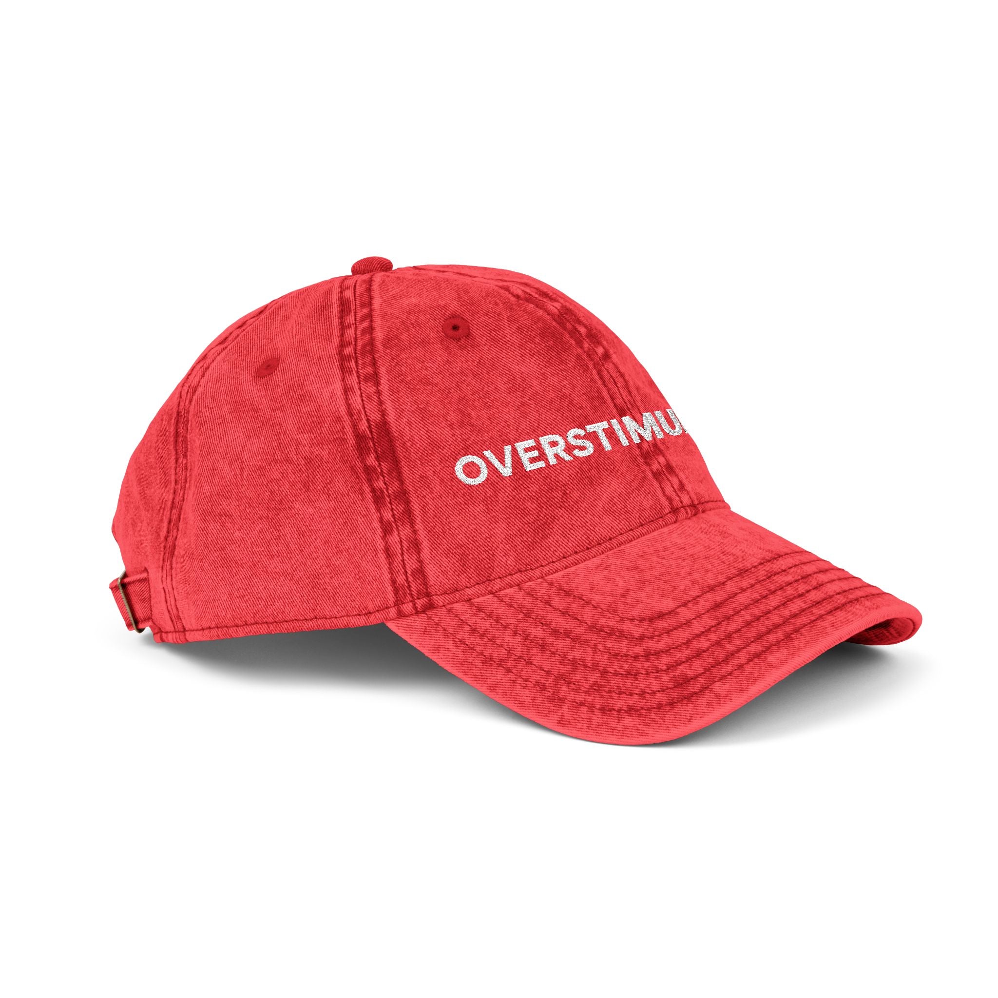 “Overstimulated.” White Text Embroidery Vintage Hat