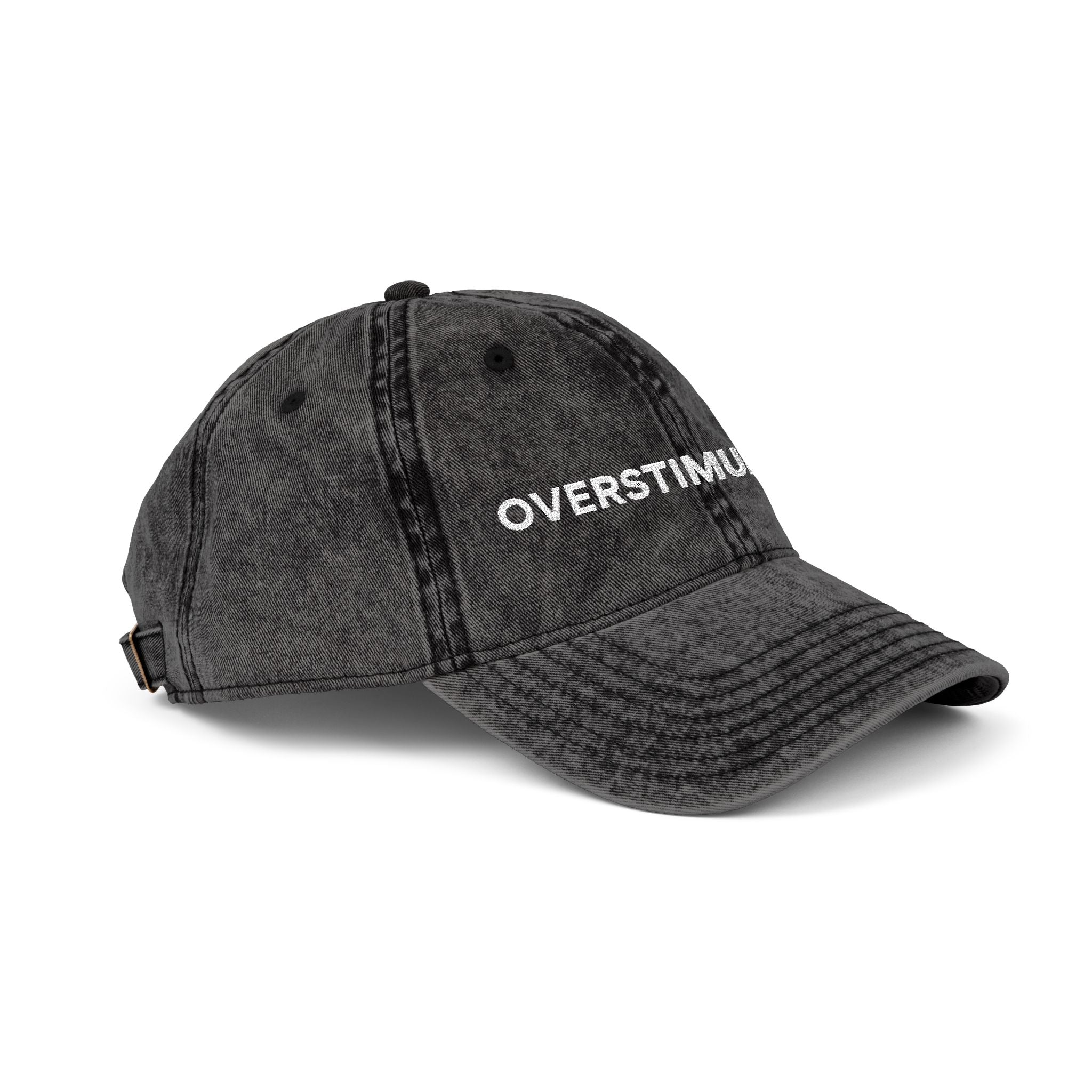 “Overstimulated.” White Text Embroidery Vintage Hat
