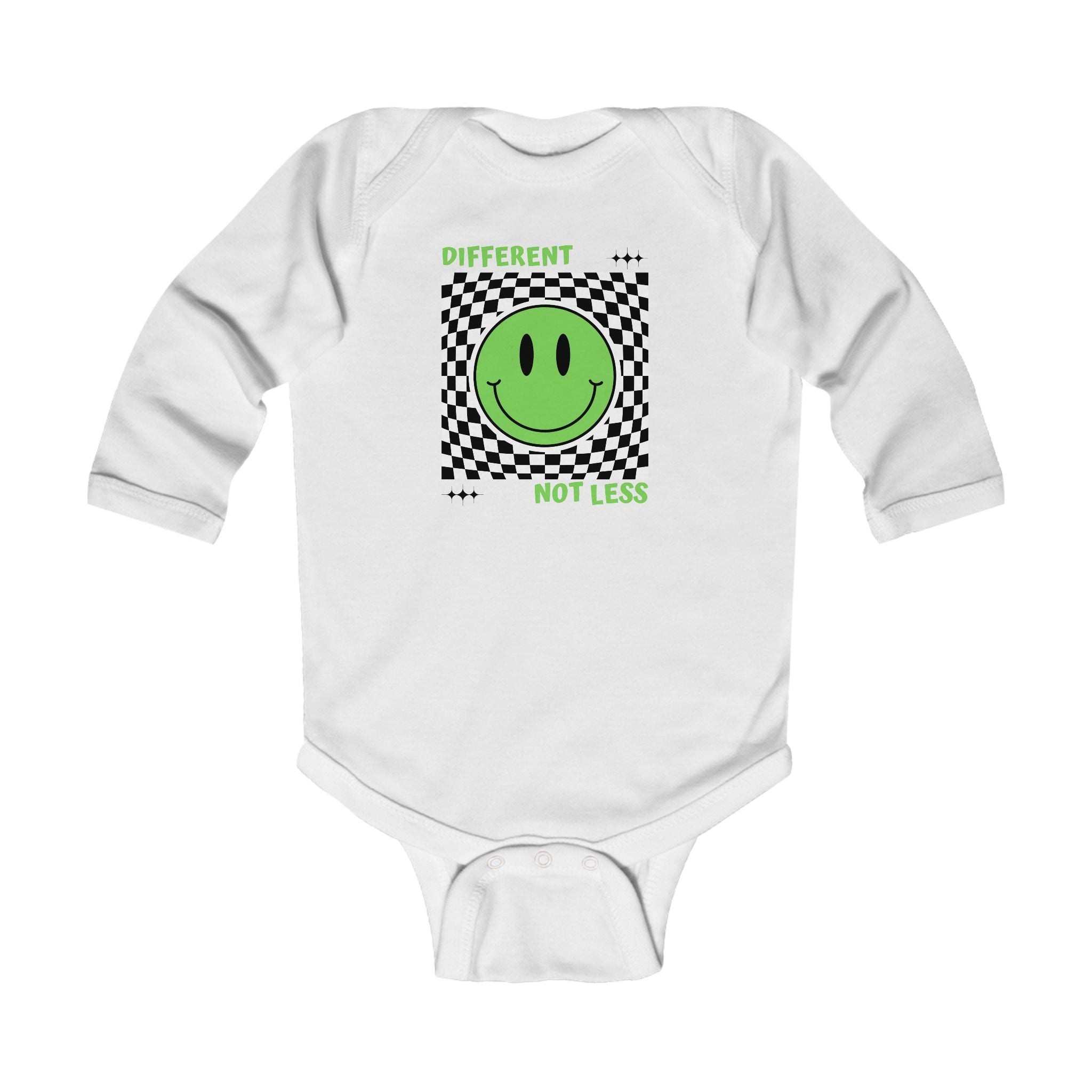 “Different, Not Less.” Black/Green Infant Long Sleeve Onesie