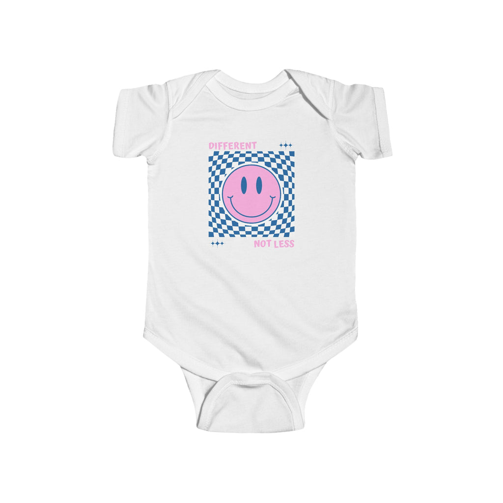 “Different, Not Less.” Pink/Blue Infant Short Sleeve Onesie