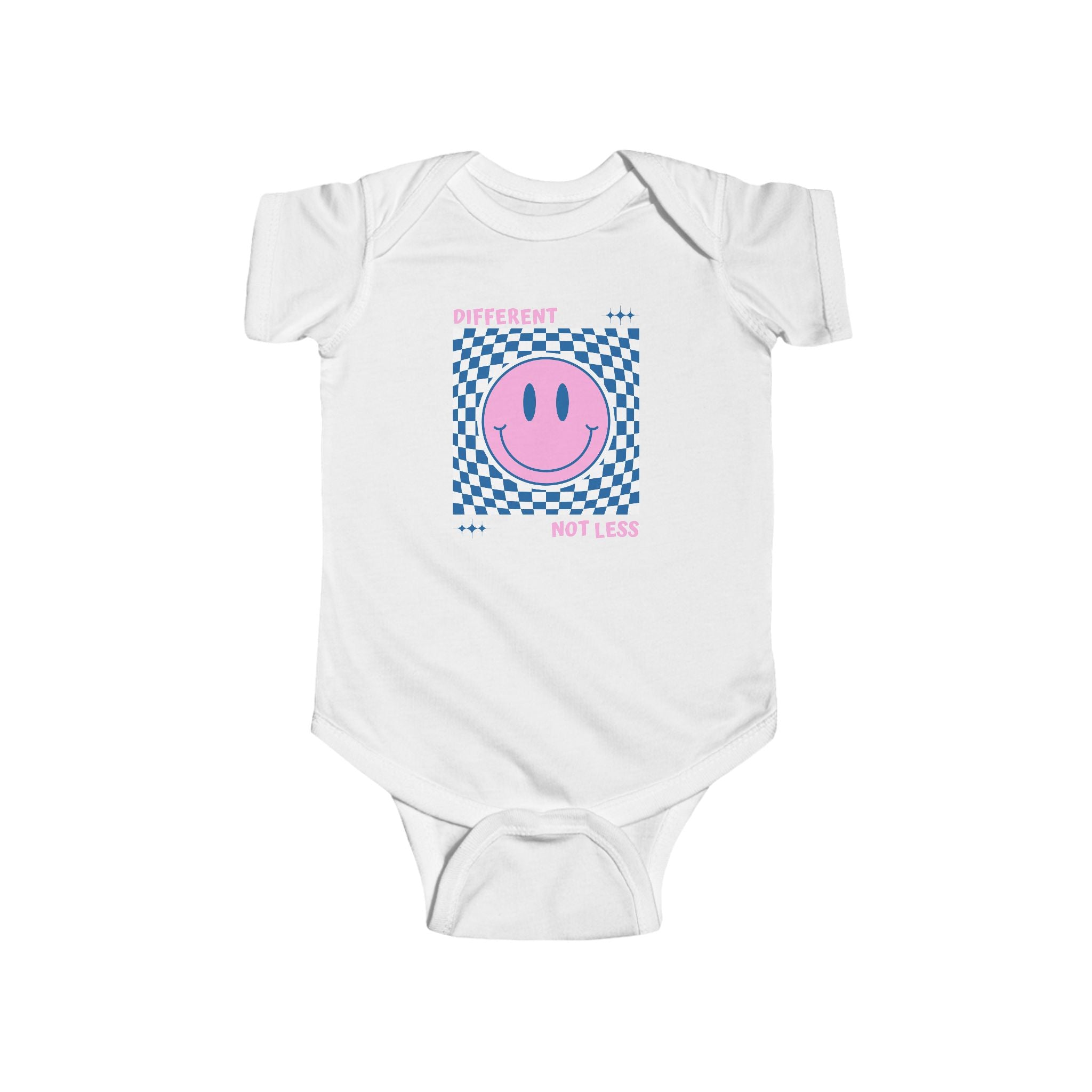 “Different, Not Less.” Pink/Blue Infant Short Sleeve Onesie