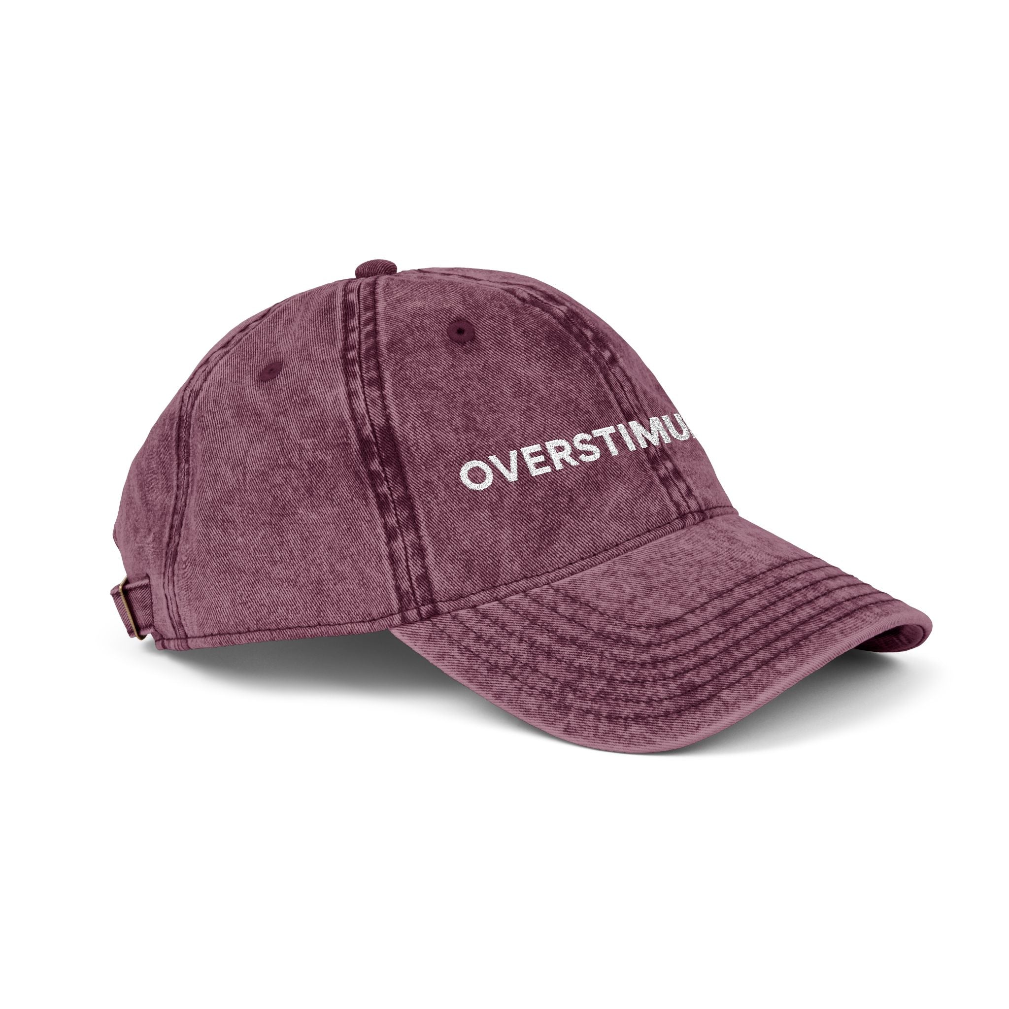 “Overstimulated.” White Text Embroidery Vintage Hat